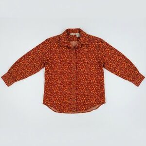 Y2K St Johns Bay Petite Small Floral Button Down Shirt Red Cotton Long Sleeve